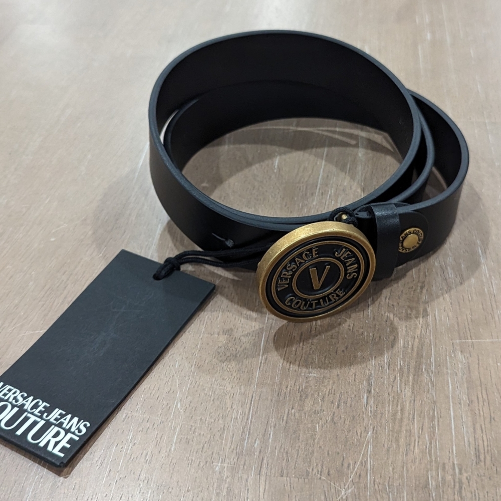 Mens VERSACE JEANS COUTURE Cuoio Mousse Leather Belt Black/Gold 90 US 35